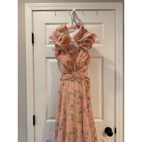 Mac Duggal Pink Ruffle Tiered Floral Cut-Out Chiffon Gown Size 6 *Hemmed* - Picture 3 of 8